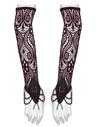 Punk Rave Red Gothic Crystal Beaded Lace Gloves