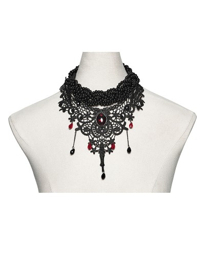 Punk Rave Black and Red Crystal Glamorous Gothic Lace Choker