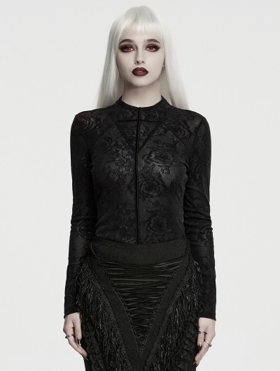 Punk Rave Black Rose Printed Gothic Base T-Shirt for Women