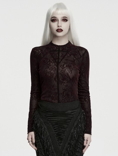Punk Rave Red Rose Printed Gothic Base T-Shirt for Women