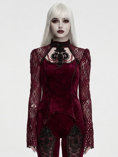 Punk Rave Red Gothic Gorgeous Embossed Velvet Shirt for Women