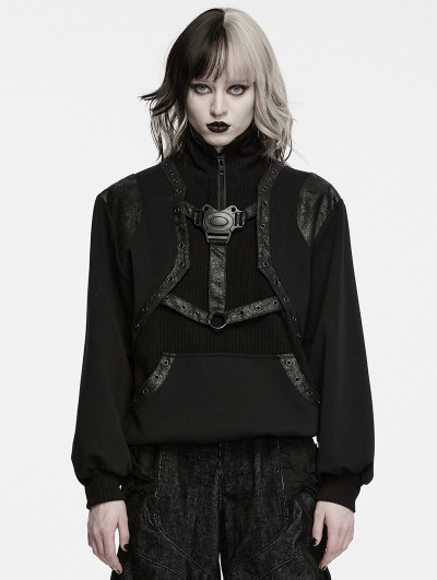 Punk Rave Black Gothic Punk Handsome Stand Collar Sweatshirt for Women