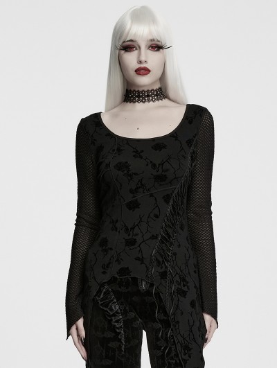 Punk Rave Black Gothic Rose Printed Asymmetric T-Shirt for Women