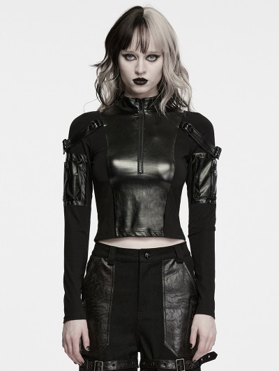 Punk Rave Black Gothic Punk Dark Functional Crop Top for Women