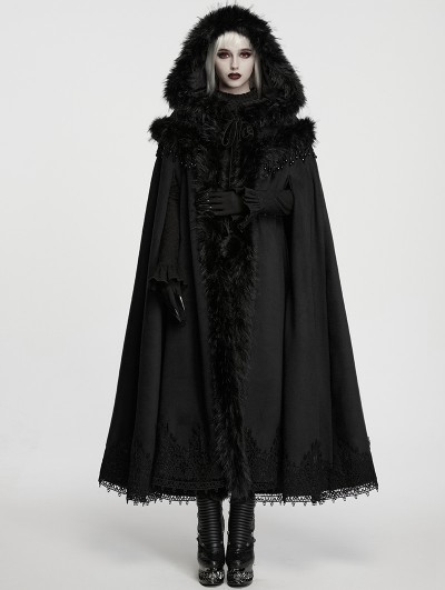 Punk Rave Black Gothic Plush Trim Woolen Hooded Cloak for Women