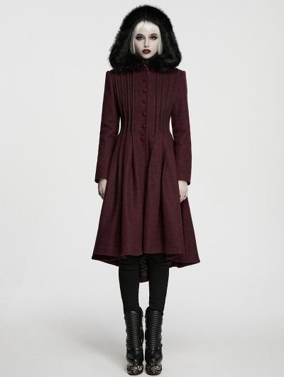 Punk Rave Red Elegant Gothic Fur Hood Coat for Women