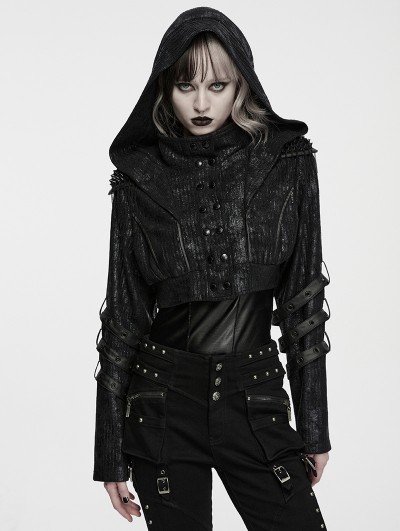 Punk Rave Black Gothic Punk Ribbed Functional Jacket for Women