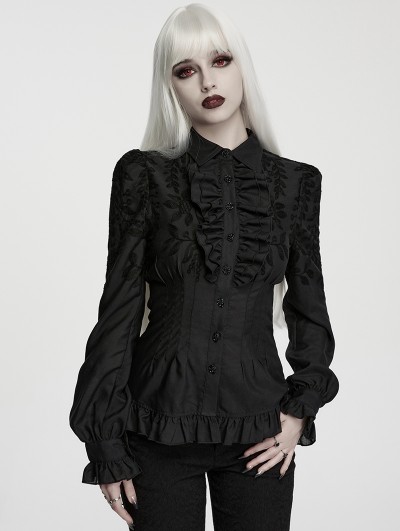 Punk Rave Black Gothic Embroidered Ruffled Shirt for Women