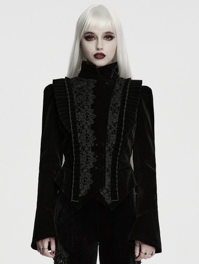Punk Rave Black Gothic Dark Lace Velvet Coat for Women