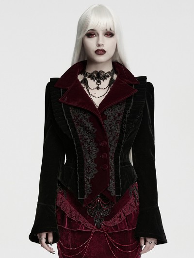 Punk Rave Black Gothic Dark Blood Lace Velvet Coat for Women