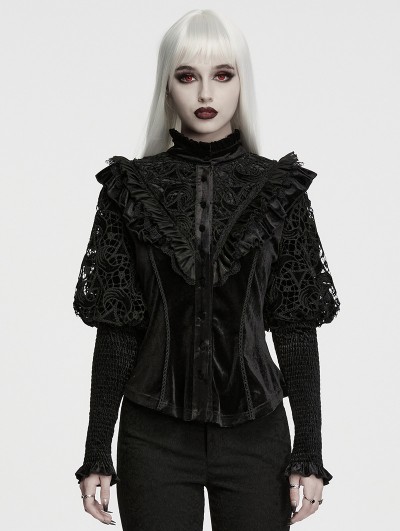 Punk Rave Black Gothic Lunar Eclipse Splicing Velvet Shirt for Women