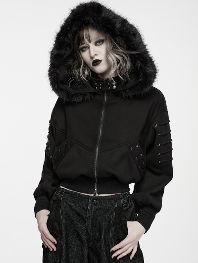 Punk Rave Black Gothic Punk Fur Collar Hooded Jacket for Women