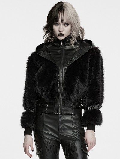 Punk Rave Black Gothic Punk Faux Fur Leather Coat for Women