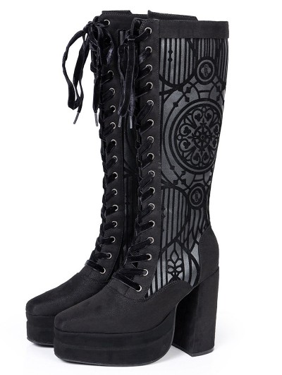 Black Gothic Patterned Platform High Heeled Boots