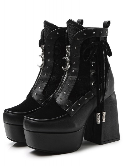 Black Gothic Crescent Moon Zip-Up Platform Boots