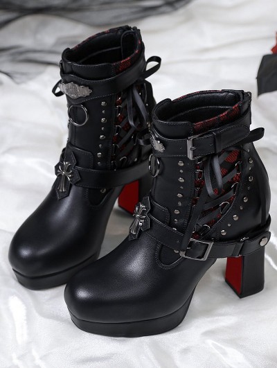 Black Leather Red Sole Gothic Block High Heel Boots