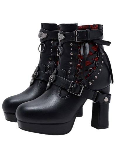 Black Leather Gothic Block High Heel Boots