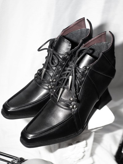 Black Matte Leather Gothic Heeled Ankle Boots