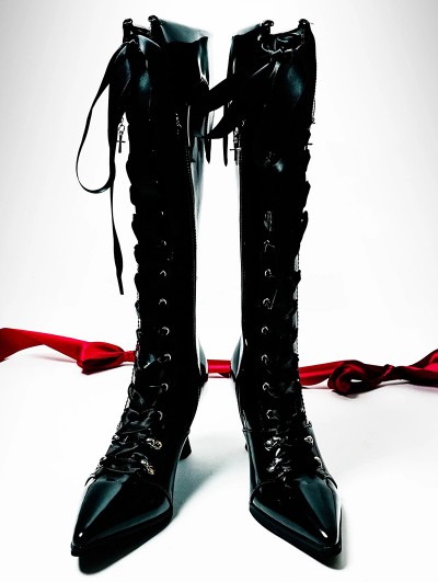 Black Pointed Toe Gothic Batwing Knee-High Boots