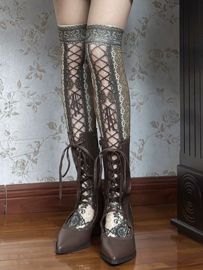 Brown Retro Gothic Pointed Toe Cutout Boots