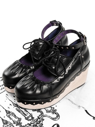 Black Gothic Vintage Wood Grain Platform Shoes