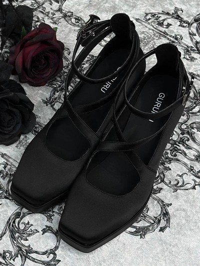 Black Gothic Cross Strap Square Toe Coffin Heel Shoes