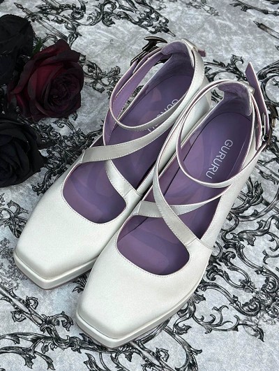 White Gothic Cross Strap Square Toe Coffin Heel Shoes