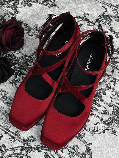 Red Gothic Cross Strap Square Toe Coffin Heel Shoes