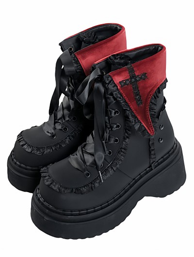Black and Red Gothic Cross Flap Platform Ankle Boots