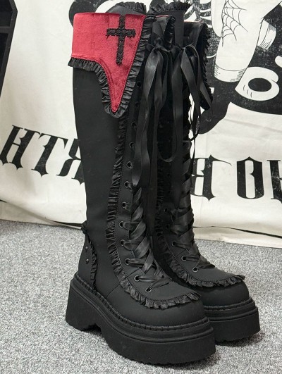 Black and Red Gothic Cross Flap Platform Knee High Boots