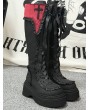 Black and Red Gothic Cross Flap Platform Knee High Boots