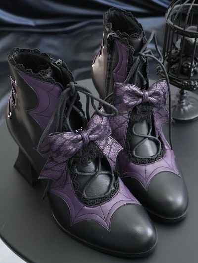 Black and Purple Faux Leather Gothic Pointed Toe Batwing Boots