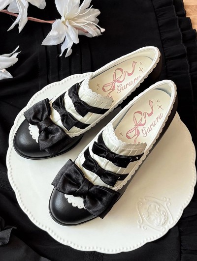 Black and White Gothic Lolita Satin Bow Block Heel Shoes