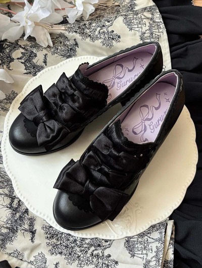 Black Gothic Lolita Satin Bow Block Heel Shoes