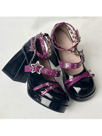 Black and Purple Gothic Star Buckle Platform Heels