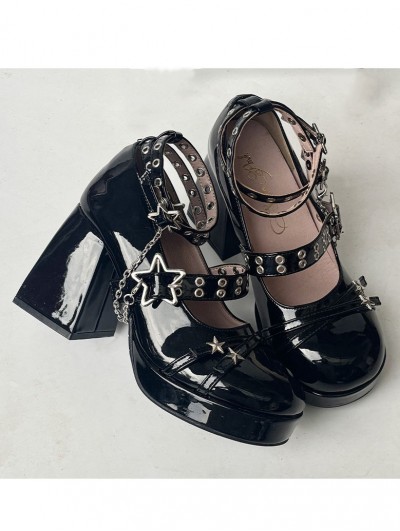 Black Patent Gothic Star Buckle Platform Heels