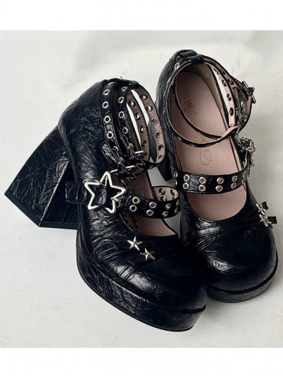 Black Cracked Gothic Star Buckle Platform Heels