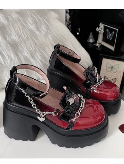 Red Gothic Ankle Strap Platform Shoes with Heart Chain