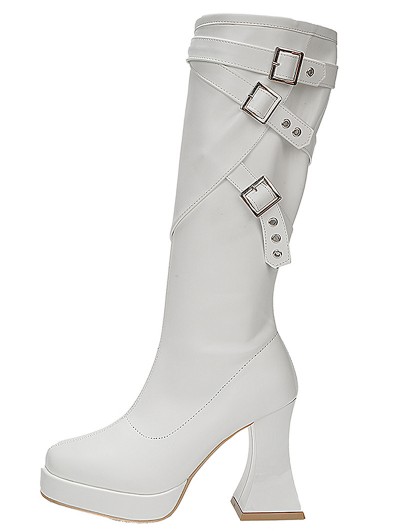 White Gothic Buckle Strap High Heel Boots