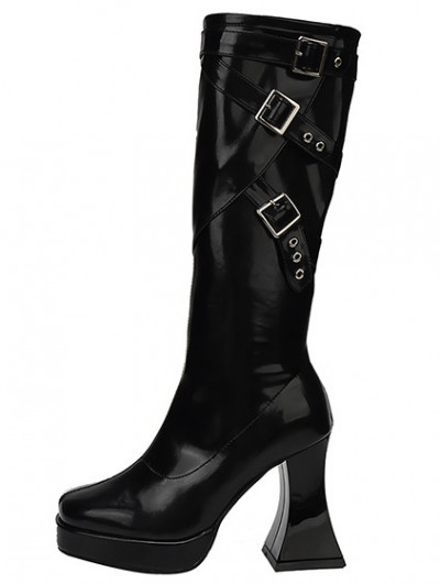 Black Gothic Buckle Strap High Heel Boots