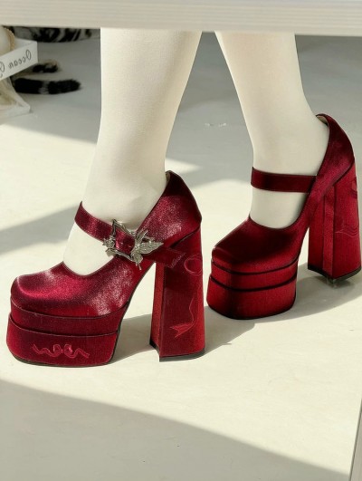 Wine Red Gothic Butterfly Buckle Strap High Platform Heels