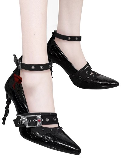 Black Gothic Pointed Toe Stiletto Snake Heel Shoes
