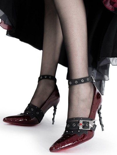 Wine Red Gothic Pointed Toe Stiletto Snake Heel Shoes