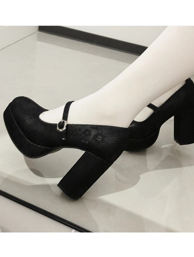 Black Gothic Lace Platform High Block Heels