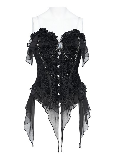 Devil Fashion Black Retro Gothic Floral Ruffle Corset Top for Women