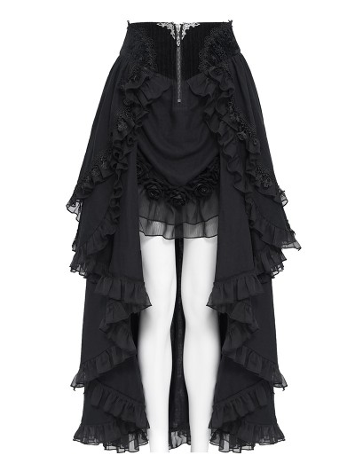 Devil Fashion Black Retro Gothic Rose Layered Ruffle High-Low Skirt