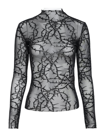 Devil Fashion Black Gothic Thorns Sheer Mesh Long Sleeve Top for Women