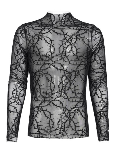 Devil Fashion Black Gothic Thorns Sheer Mesh Long Sleeve Top for Men
