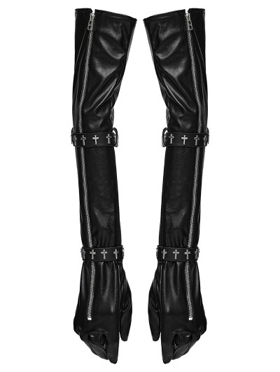 Punk Rave Black Gothic Cross Studded Zipper Long Arm Gloves