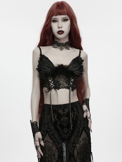 Punk Rave Black Gothic Vintage Angel Fluffy Feather Lace Up Bralet